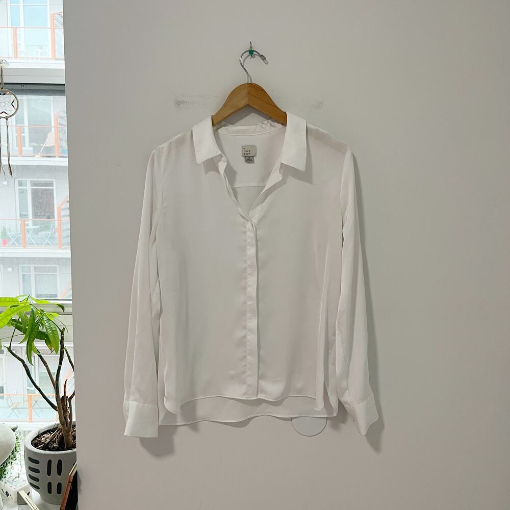 A New Day White Silky Long Sleeve Button Up Top Size Medium